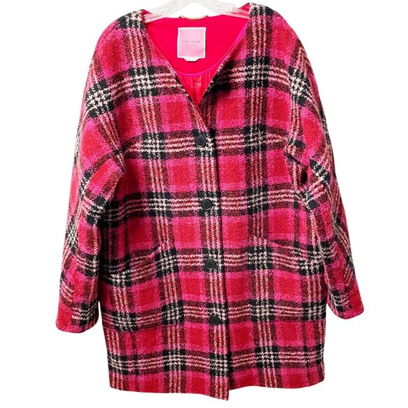 Kate Spade Foliage Plaid Sugarcoat Plush Wool Women’s Size Large Red Pink Black - Picture 9 of 9